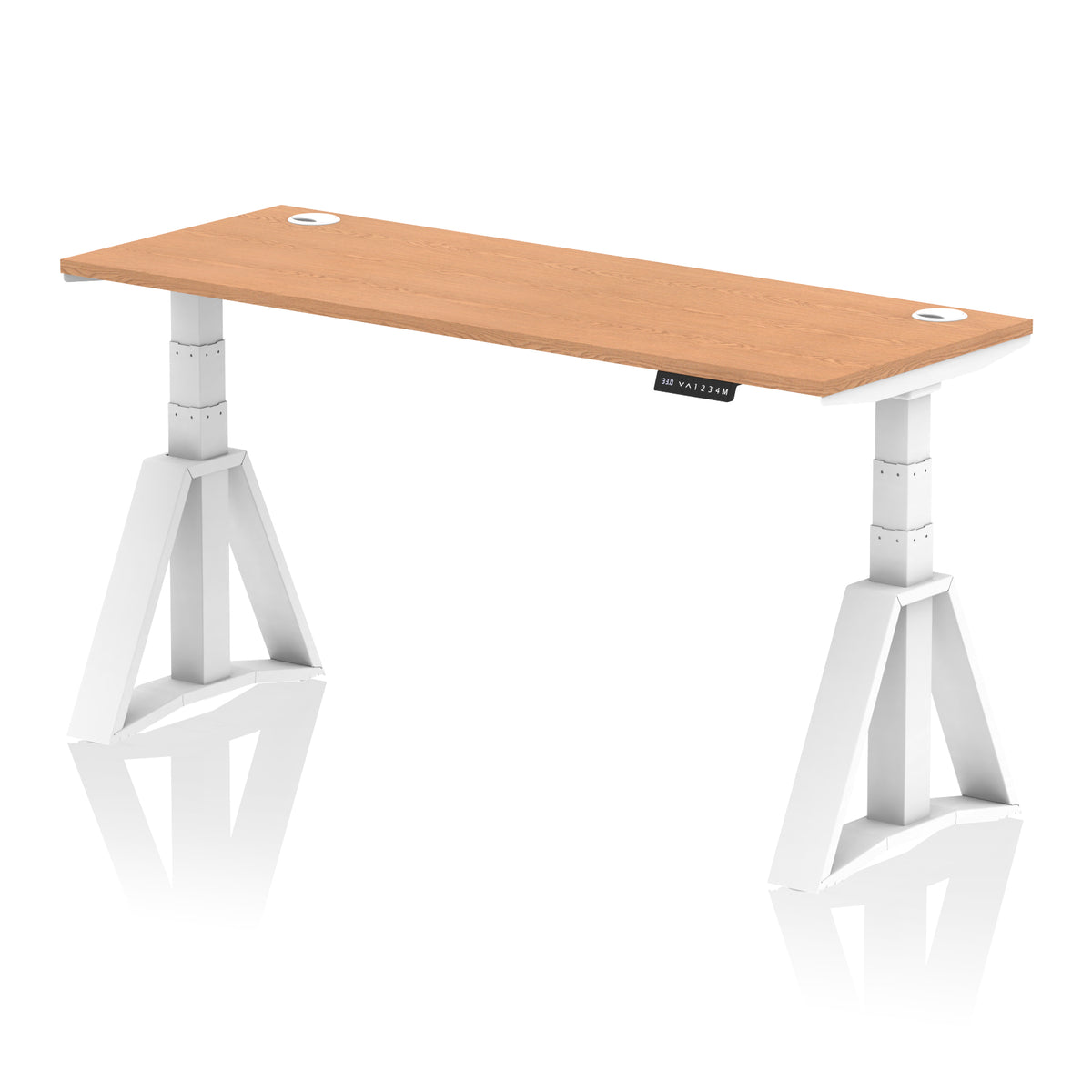 Air Piste Slimline Height Adjustable Desk with Cable Ports 1600 Oak White - Industrious Decor