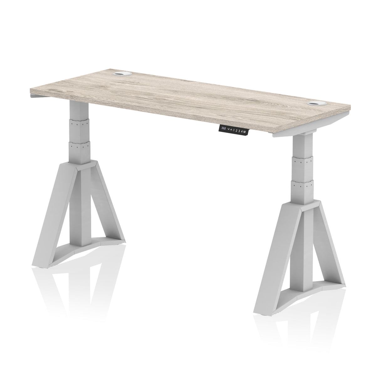 Air Piste Slimline Height Adjustable Desk with Cable Ports 1400 Grey Oak Silver - Industrious Decor