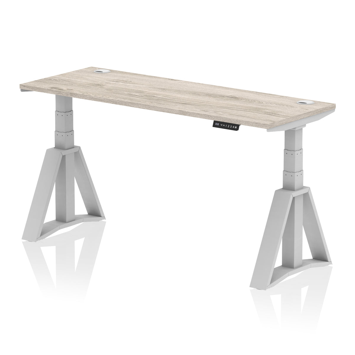 Air Piste Slimline Height Adjustable Desk with Cable Ports 1600 Grey Oak Silver - Industrious Decor