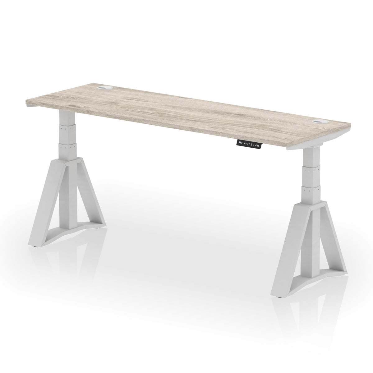Air Piste Slimline Height Adjustable Desk with Cable Ports 1800 Grey Oak Silver - Industrious Decor