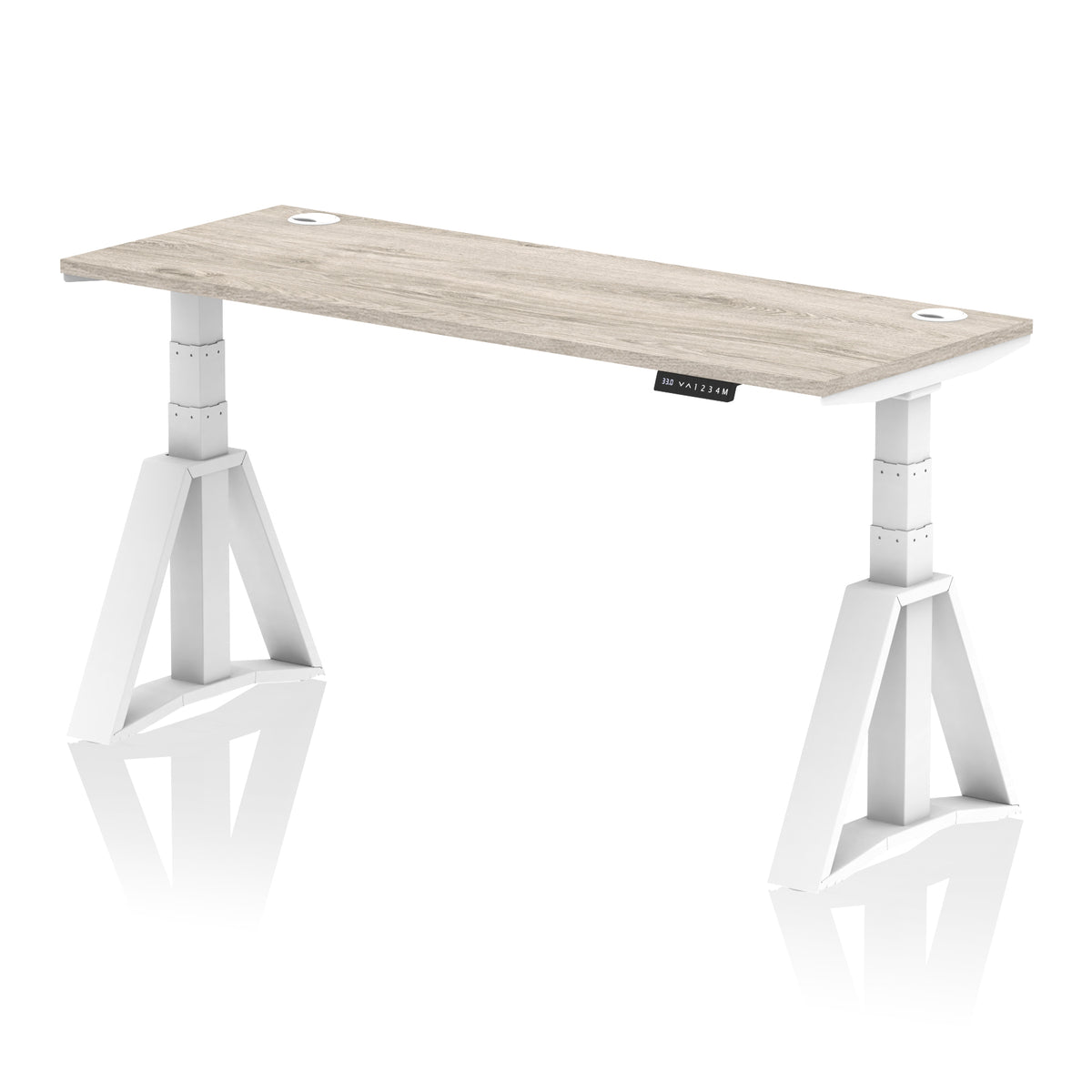 Air Piste Slimline Height Adjustable Desk with Cable Ports 1600 Grey Oak White - Industrious Decor