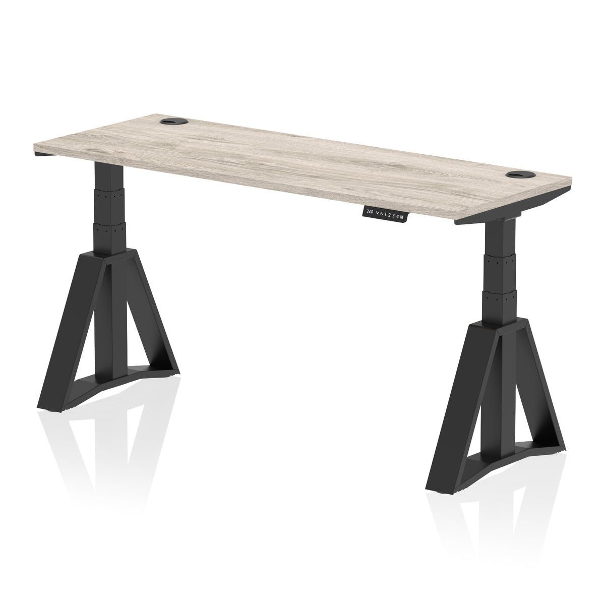 Air Piste Slimline Height Adjustable Desk with Cable Ports 1600 Grey Oak Black - Industrious Decor