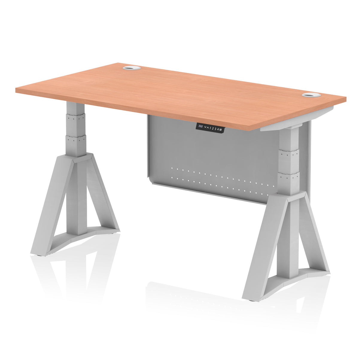 Air Height Adjustable Desk With Cable Ports With Steel Modesty Panel With Piste Foot 1400 Beech Silver - Industrious Decor