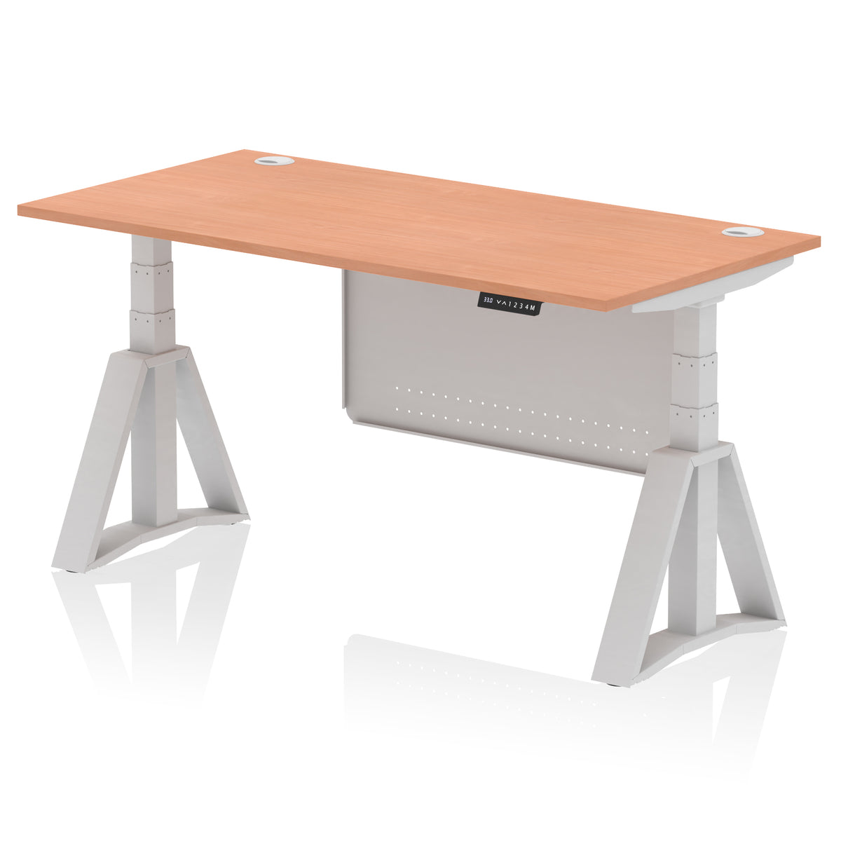 Air Height Adjustable Desk With Cable Ports With Steel Modesty Panel With Piste Foot 1600 Beech Silver - Industrious Decor