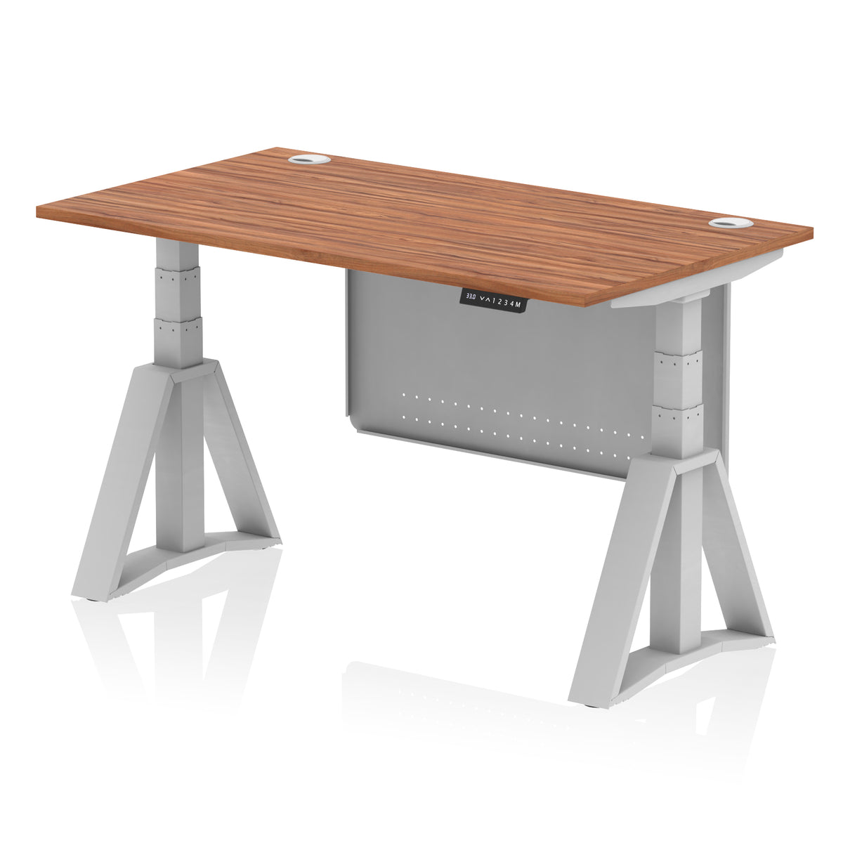 Air Height Adjustable Desk With Cable Ports With Steel Modesty Panel With Piste Foot 1400 Walnut Silver - Industrious Decor
