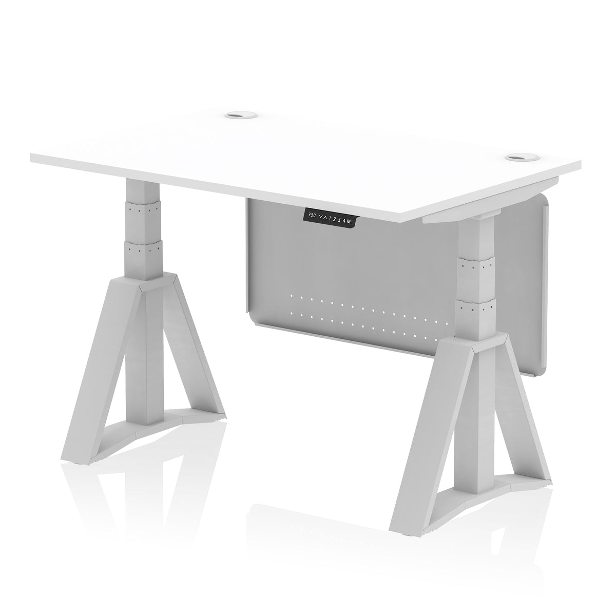 Air Height Adjustable Desk With Cable Ports With Steel Modesty Panel With Piste Foot 1200 White Silver - Industrious Decor