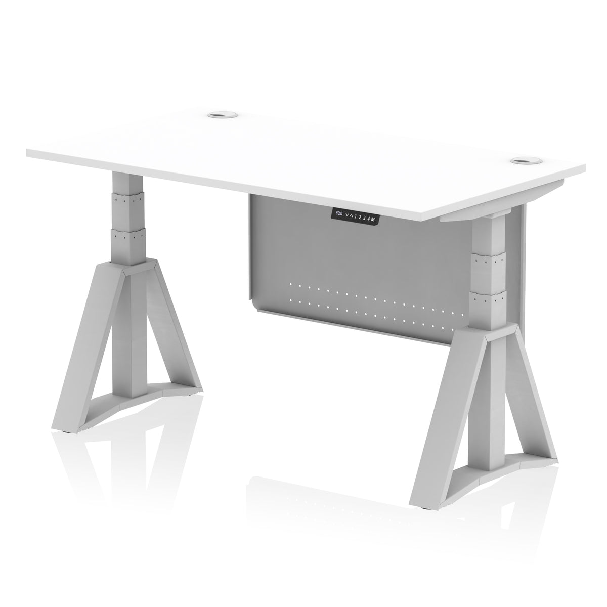 Air Height Adjustable Desk With Cable Ports With Steel Modesty Panel With Piste Foot 1400 White Silver - Industrious Decor
