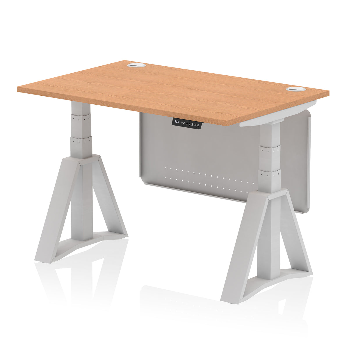 Air Height Adjustable Desk With Cable Ports With Steel Modesty Panel With Piste Foot 1200 Oak Silver - Industrious Decor