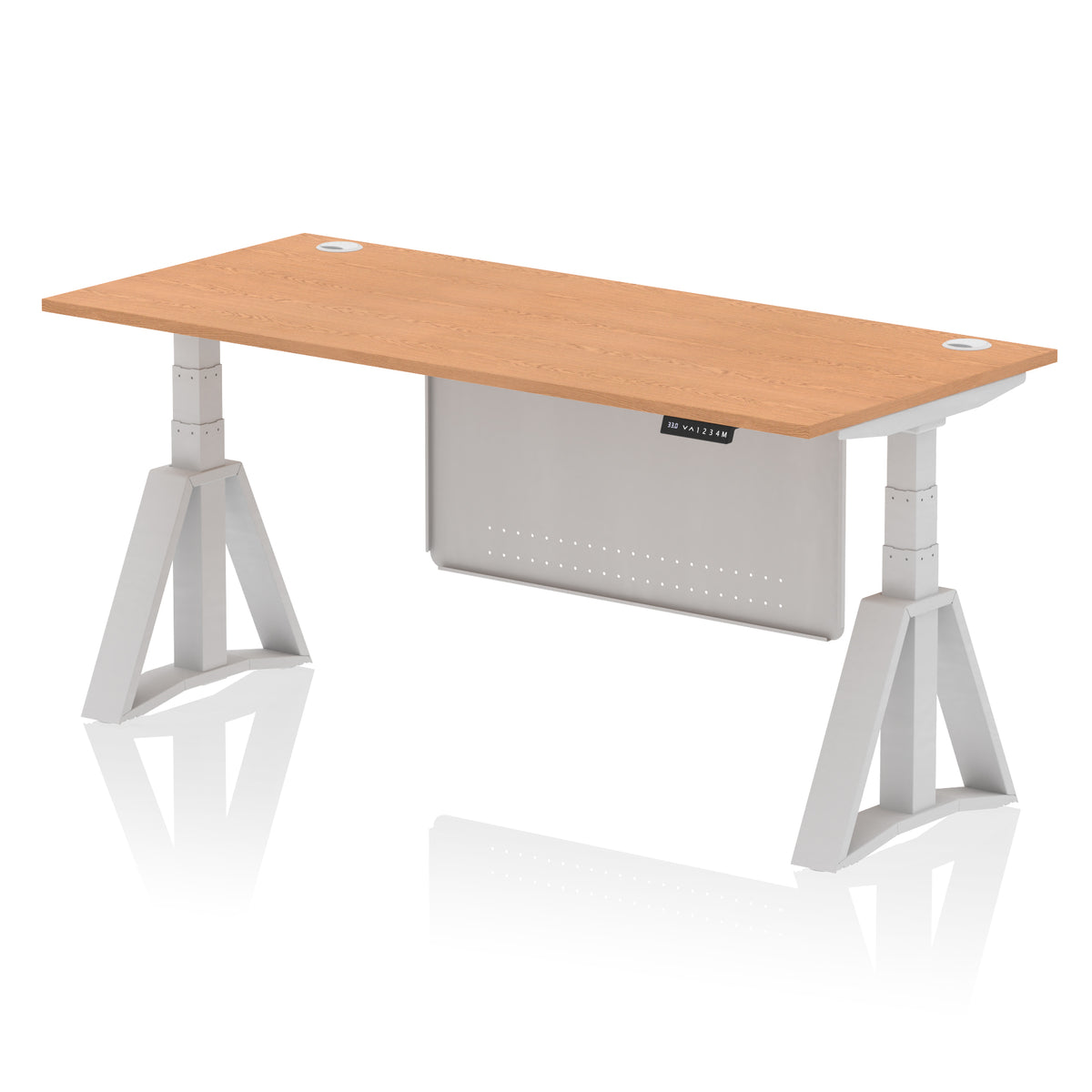 Air Height Adjustable Desk With Cable Ports With Steel Modesty Panel With Piste Foot 1800 Oak Silver - Industrious Decor