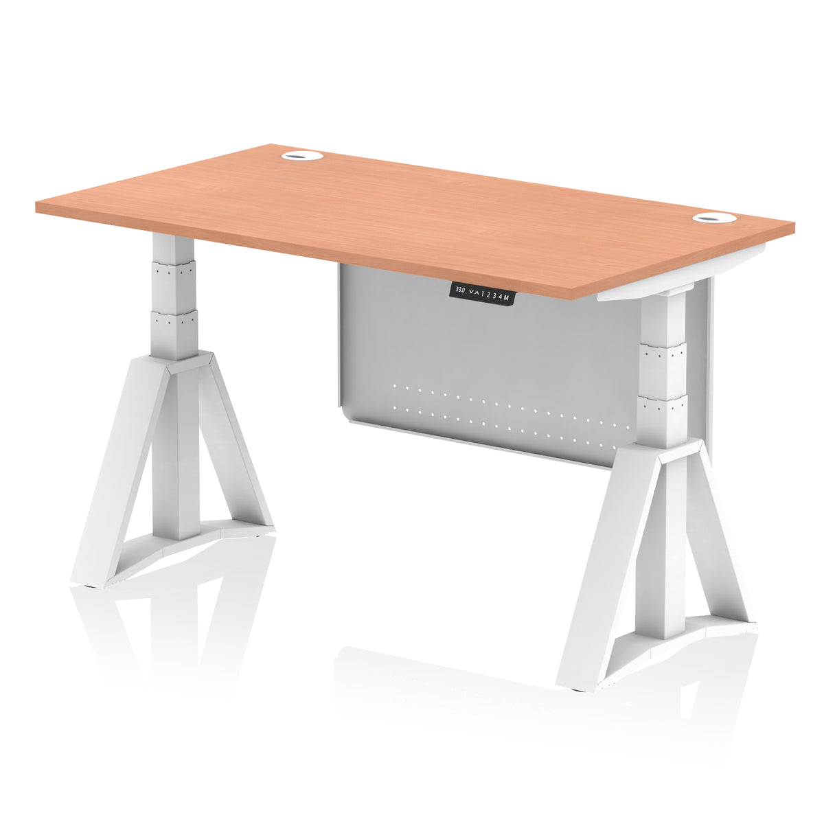 Air Height Adjustable Desk With Cable Ports With Steel Modesty Panel With Piste Foot 1400 Beech White - Industrious Decor