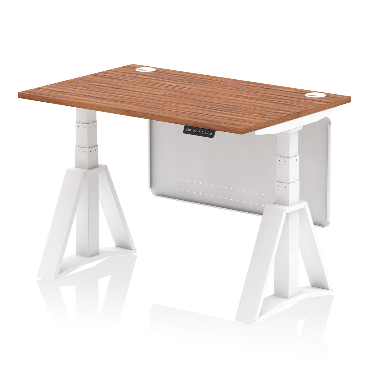 Air Height Adjustable Desk With Cable Ports With Steel Modesty Panel With Piste Foot 1200 Walnut White - Industrious Decor
