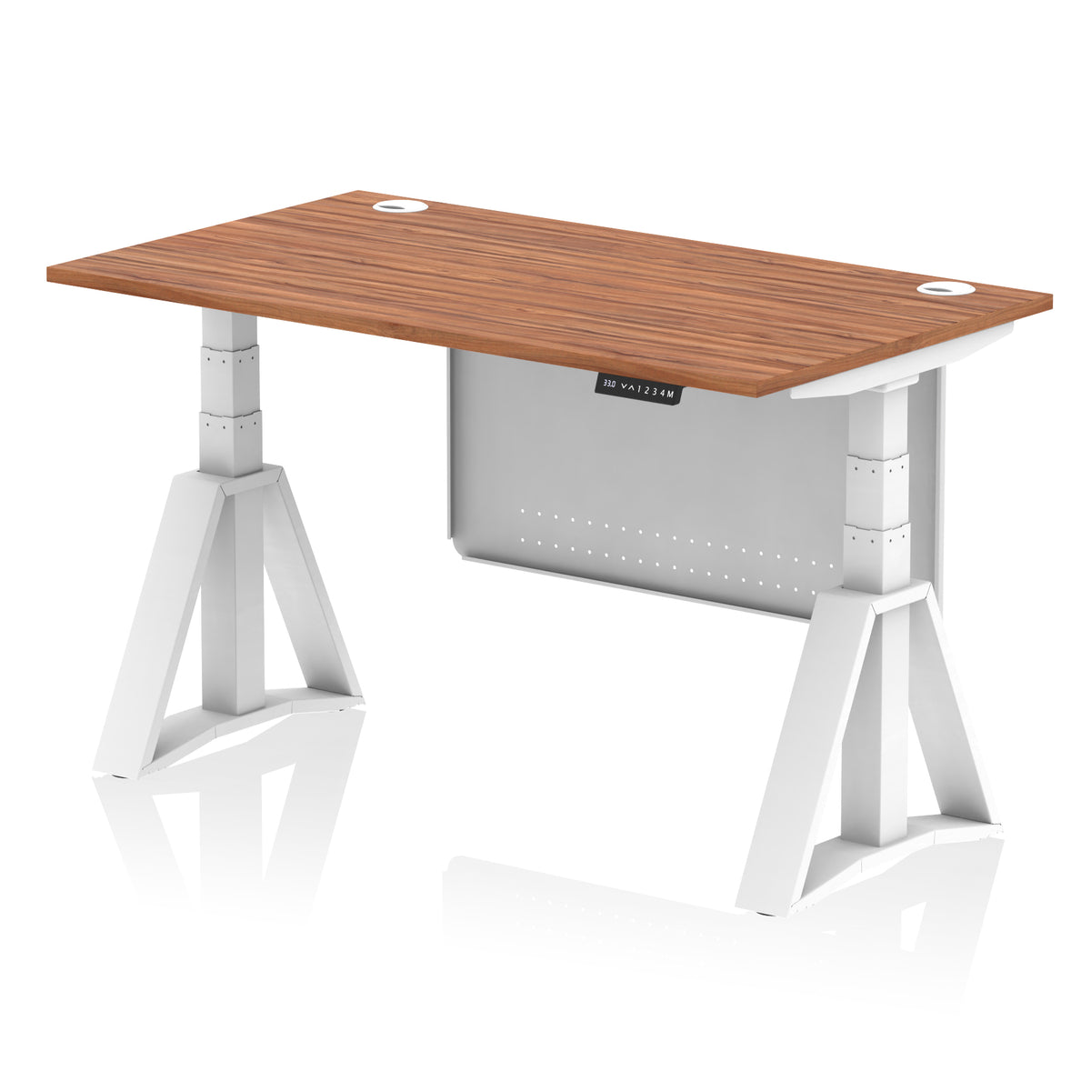 Air Height Adjustable Desk With Cable Ports With Steel Modesty Panel With Piste Foot 1400 Walnut White - Industrious Decor