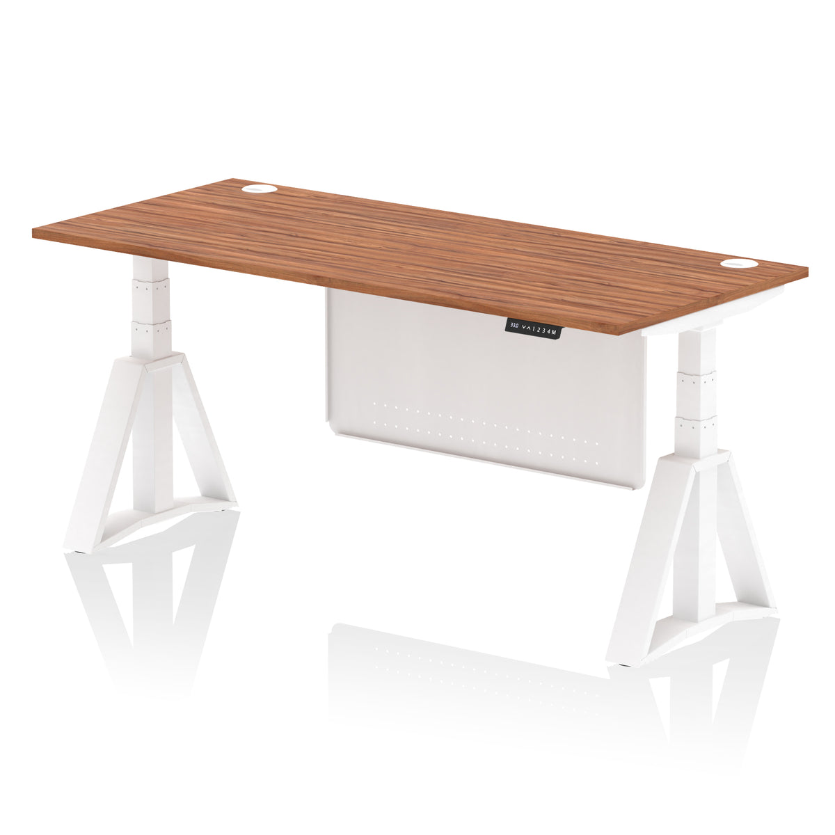 Air Height Adjustable Desk With Cable Ports With Steel Modesty Panel With Piste Foot 1800 Walnut White - Industrious Decor