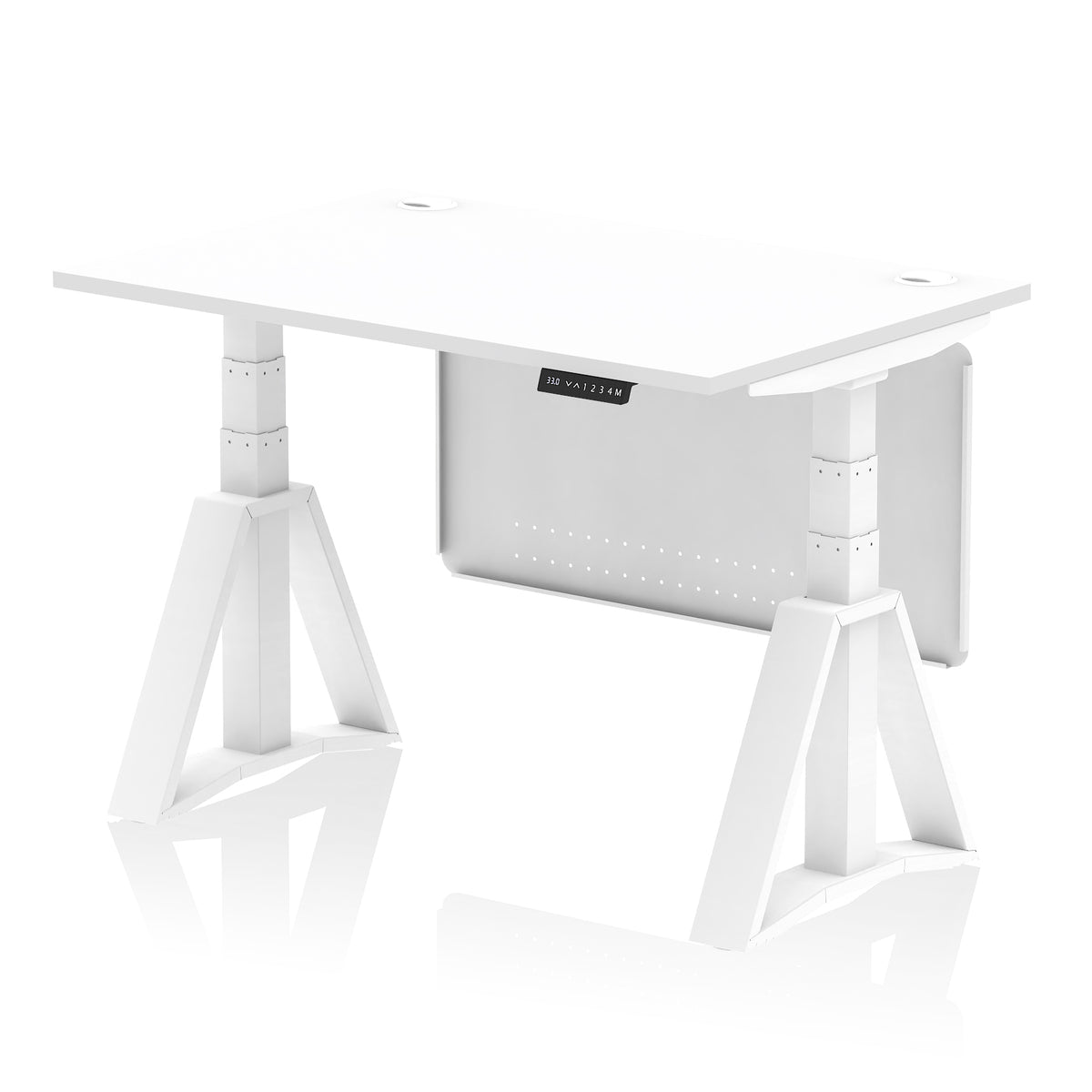 Air Height Adjustable Desk With Cable Ports With Steel Modesty Panel With Piste Foot 1200 White White - Industrious Decor