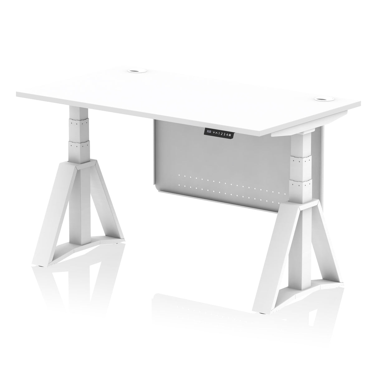 Air Height Adjustable Desk With Cable Ports With Steel Modesty Panel With Piste Foot 1400 White White - Industrious Decor