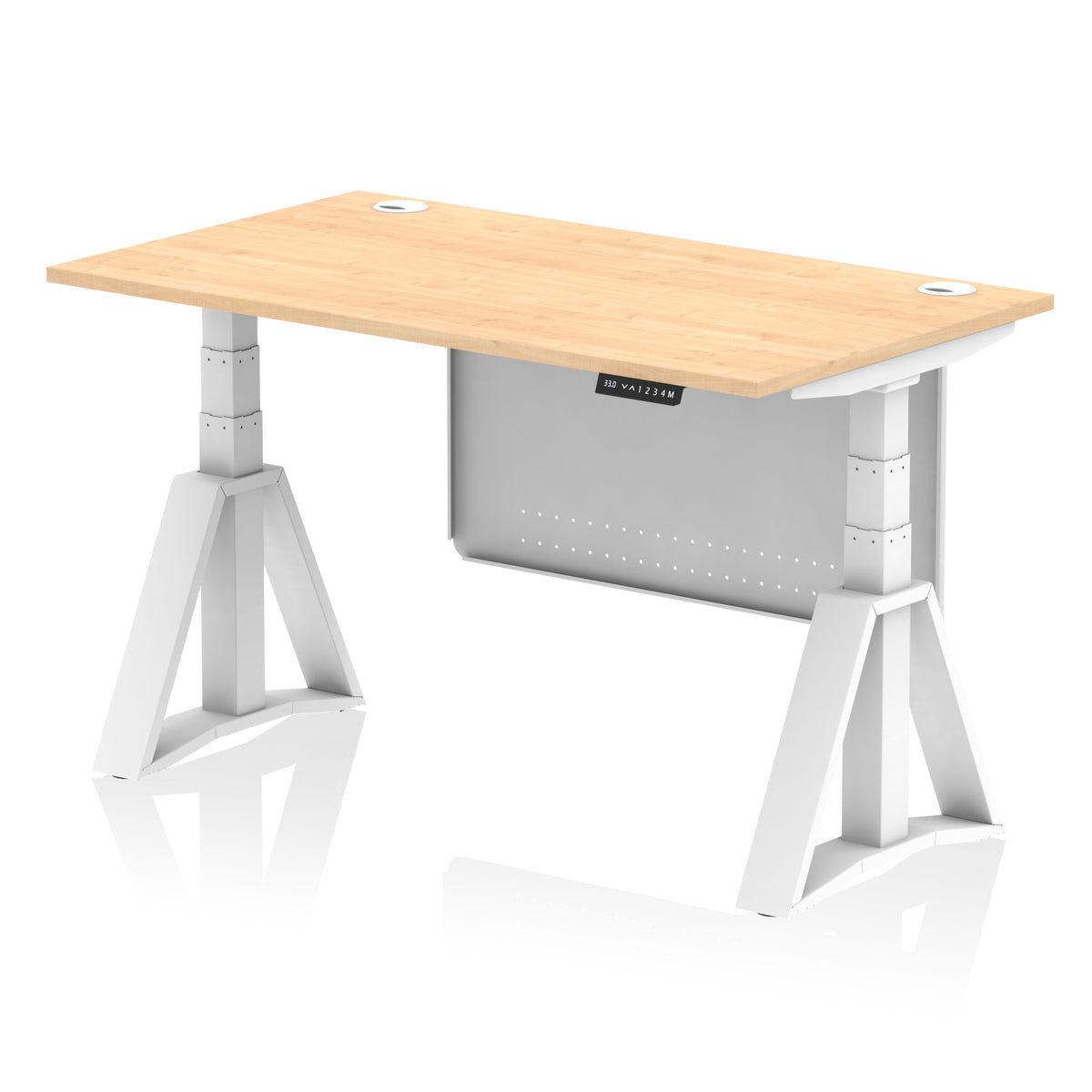 Air Height Adjustable Desk With Cable Ports With Steel Modesty Panel With Piste Foot 1400 Maple White - Industrious Decor