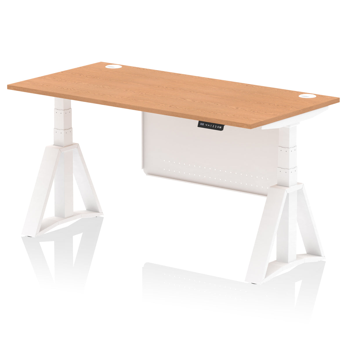 Air Height Adjustable Desk With Cable Ports With Steel Modesty Panel With Piste Foot 1600 Oak White - Industrious Decor