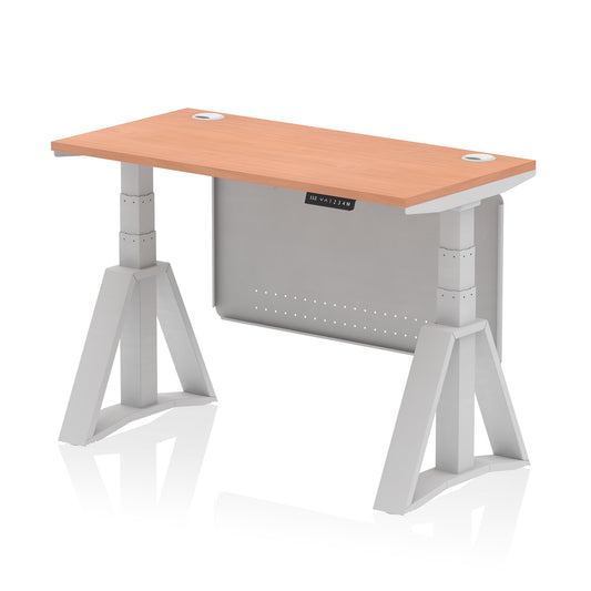 Air Height Adjustable Slimline Desk With Cable Ports With Steel Modesty Panel With Piste Foot 1200 Beech Silver - Industrious Decor