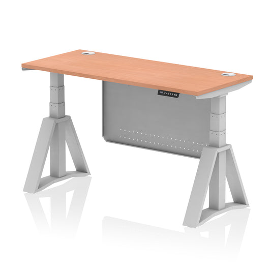 Air Height Adjustable Slimline Desk With Cable Ports With Steel Modesty Panel With Piste Foot 1400 Beech Silver - Industrious Decor