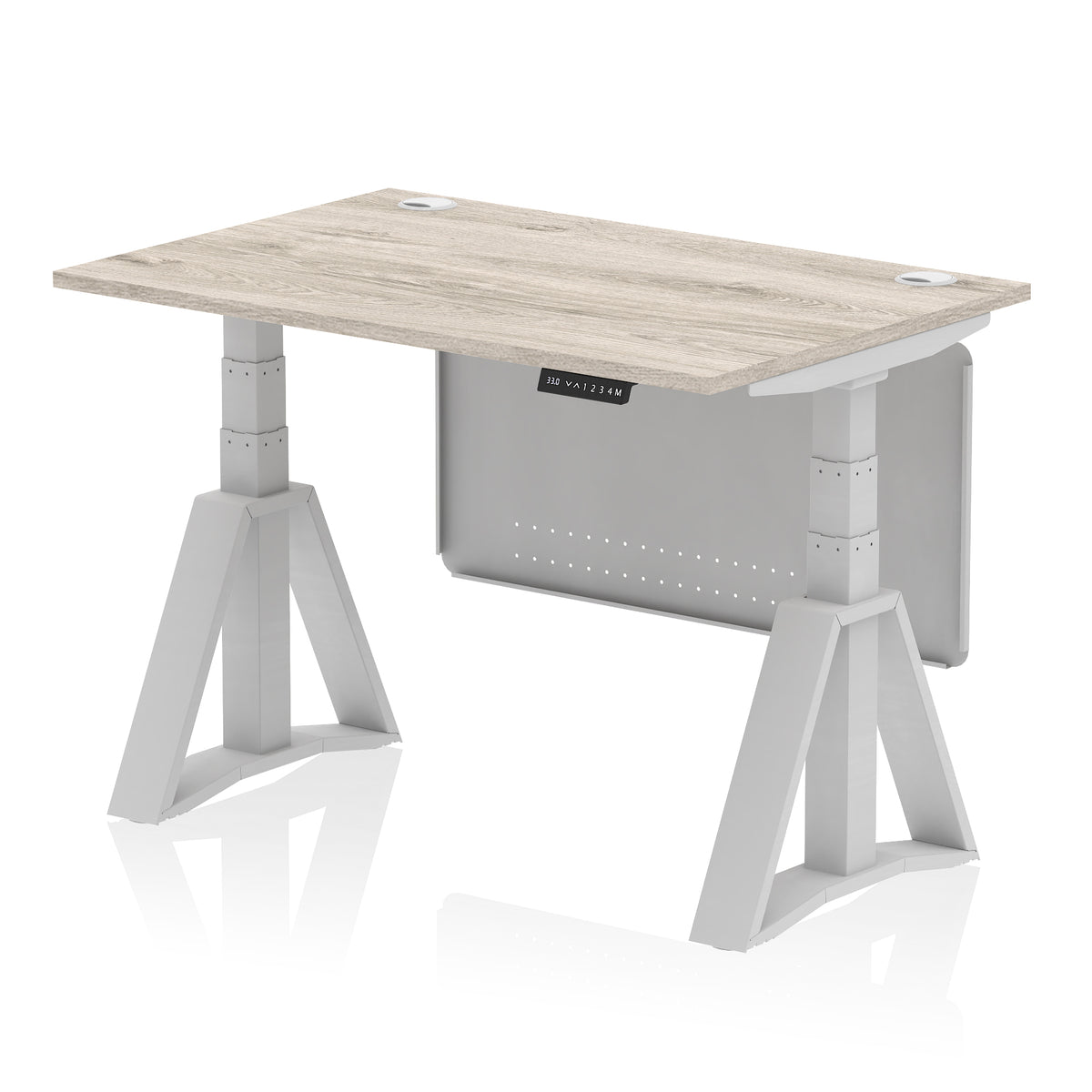 Air Height Adjustable Desk With Cable Ports With Steel Modesty Panel With Piste Foot 1200 Grey Oak Silver - Industrious Decor