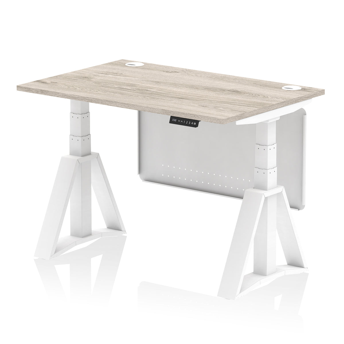 Air Height Adjustable Desk With Cable Ports With Steel Modesty Panel With Piste Foot 1200 Grey Oak White - Industrious Decor