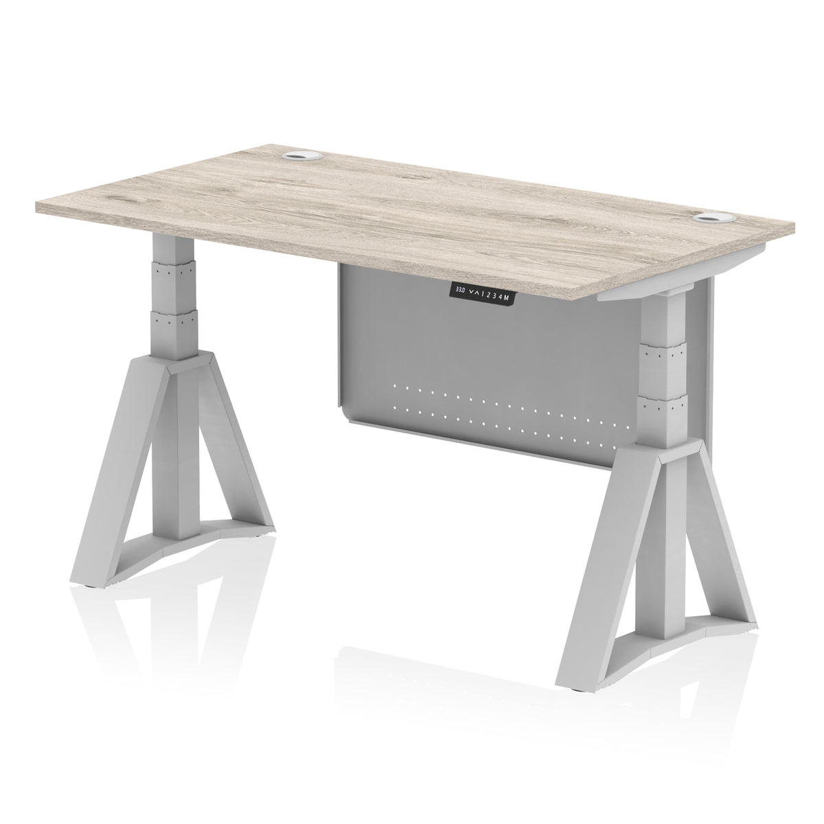 Air Height Adjustable Desk With Cable Ports With Steel Modesty Panel With Piste Foot 1400 Grey Oak Silver - Industrious Decor