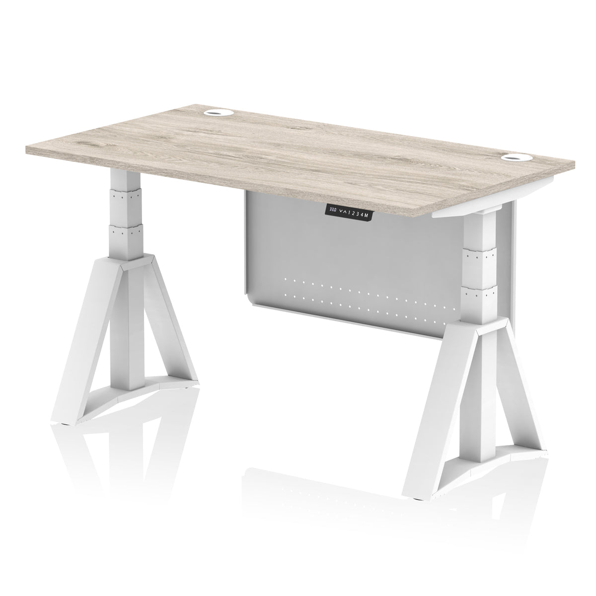 Air Height Adjustable Desk With Cable Ports With Steel Modesty Panel With Piste Foot 1400 Grey Oak White - Industrious Decor