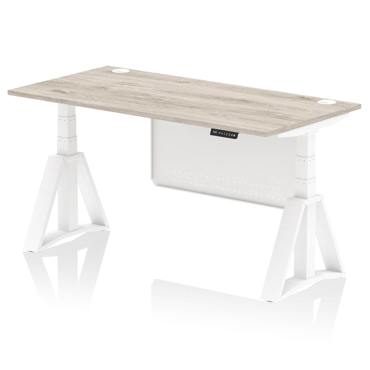 Air Height Adjustable Desk With Cable Ports With Steel Modesty Panel With Piste Foot 1600 Grey Oak White - Industrious Decor