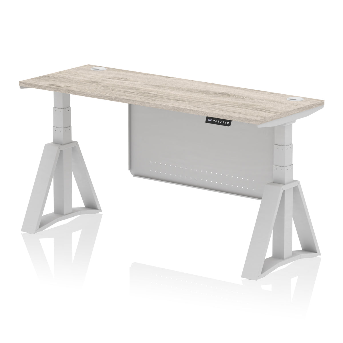 Air Piste Slimline Height Adjustable Desk 1600 Grey Oak Silver - Industrious Decor