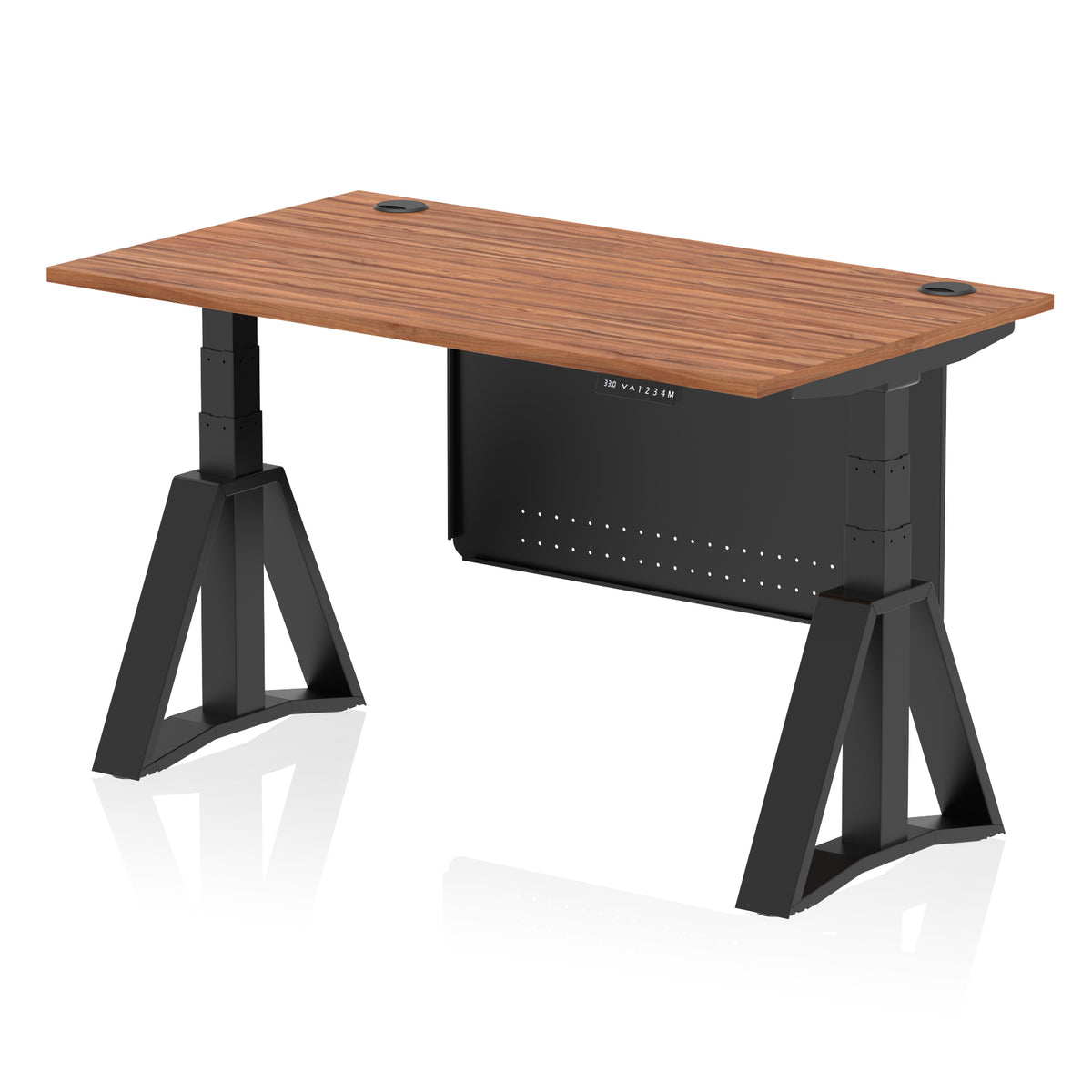 Air Height Adjustable Desk With Cable Ports With Steel Modesty Panel With Piste Foot 1400 Walnut Black - Industrious Decor