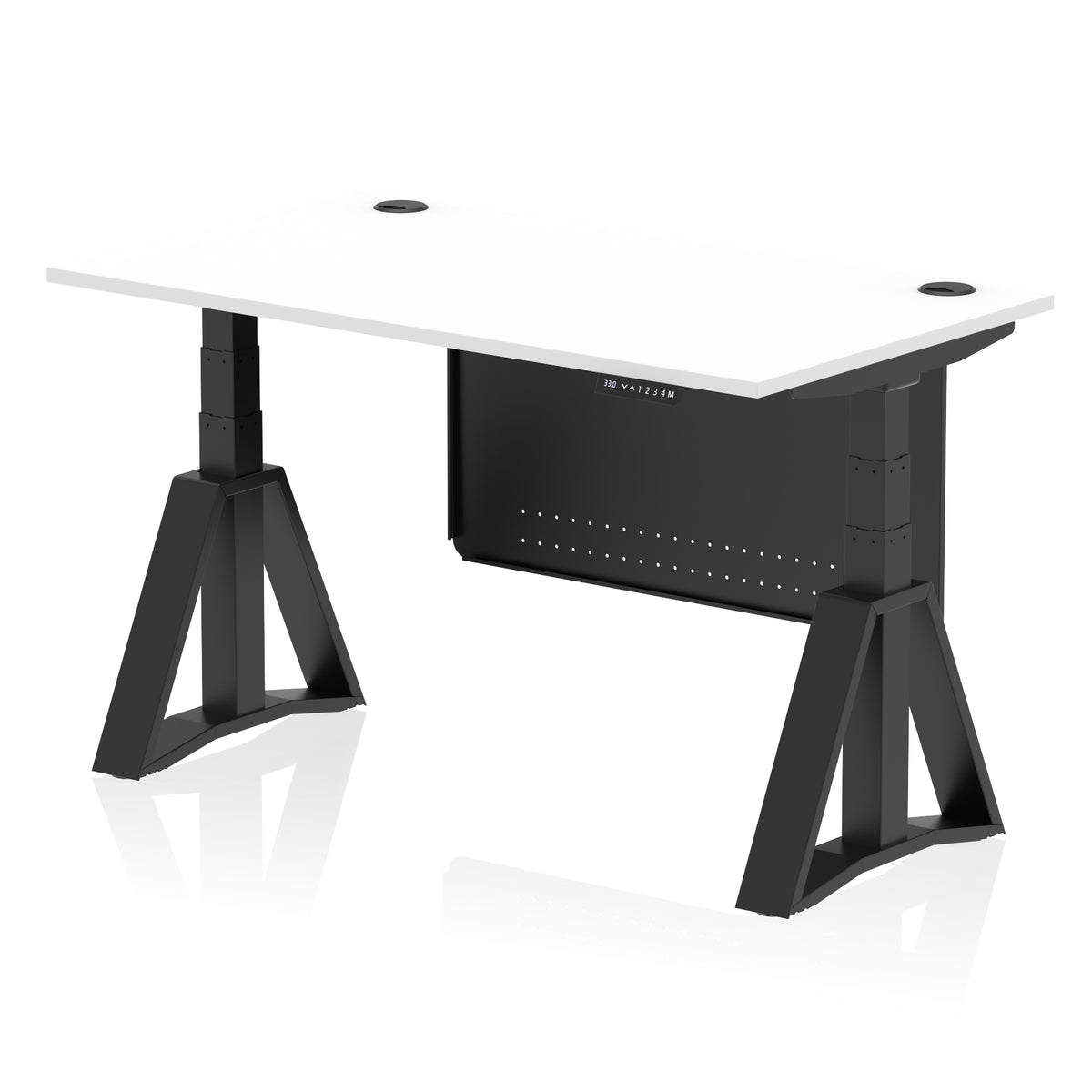 Air Height Adjustable Desk With Cable Ports With Steel Modesty Panel With Piste Foot 1400 White Black - Industrious Decor