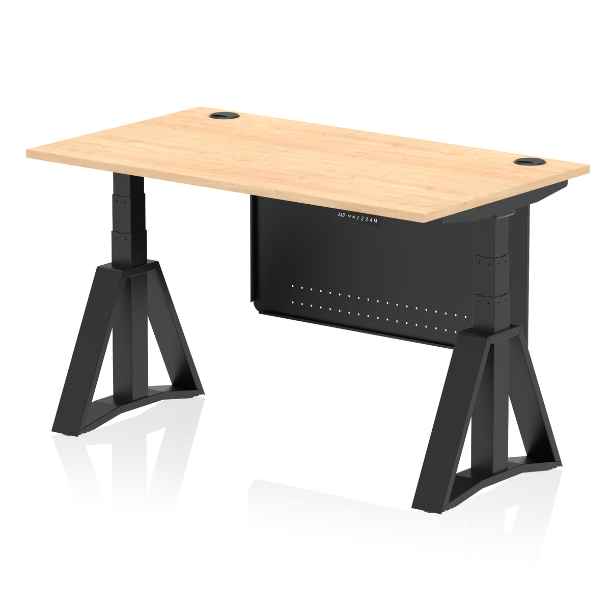 Air Height Adjustable Desk With Cable Ports With Steel Modesty Panel With Piste Foot 1400 Maple Black - Industrious Decor