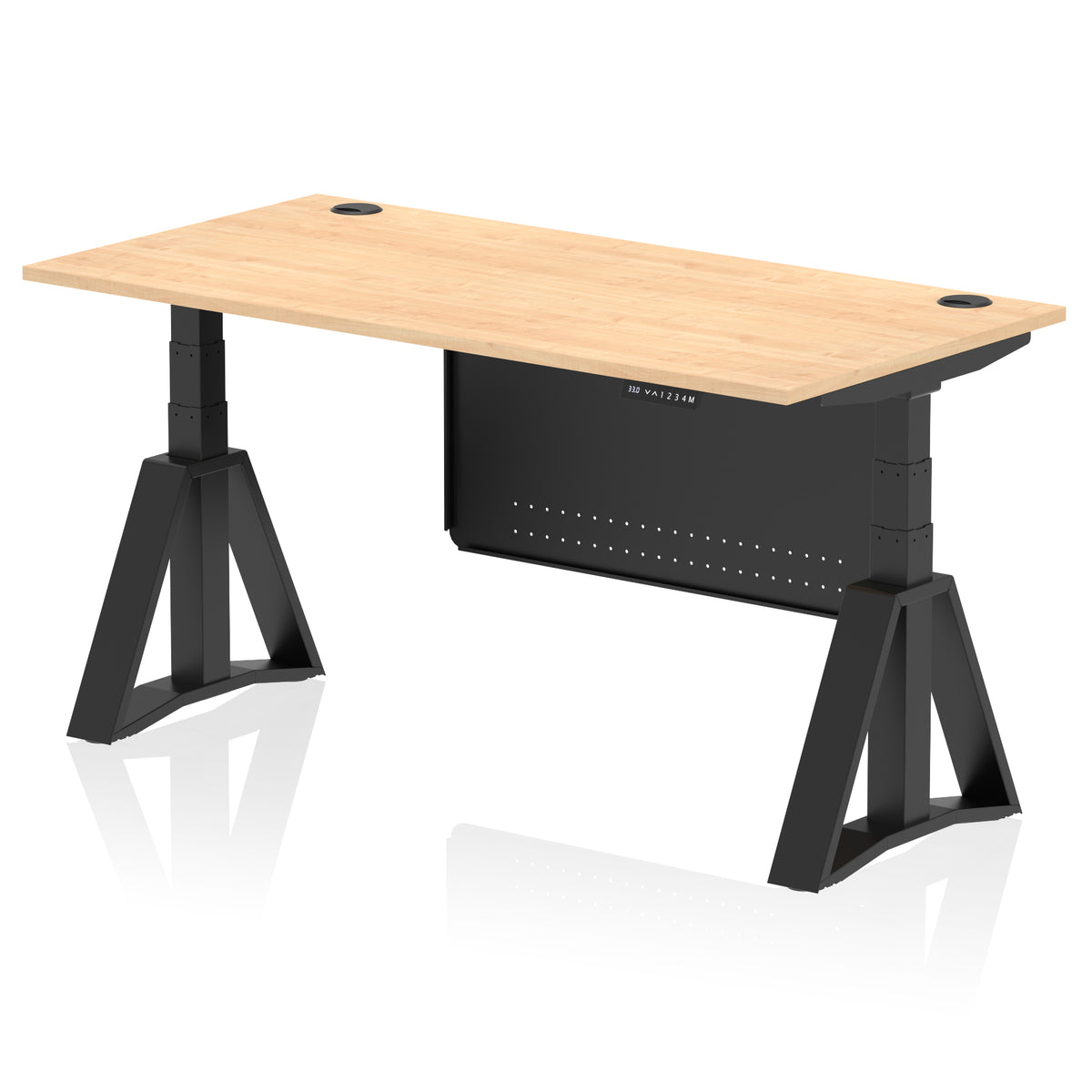 Air Height Adjustable Desk With Cable Ports With Steel Modesty Panel With Piste Foot 1600 Maple Black - Industrious Decor