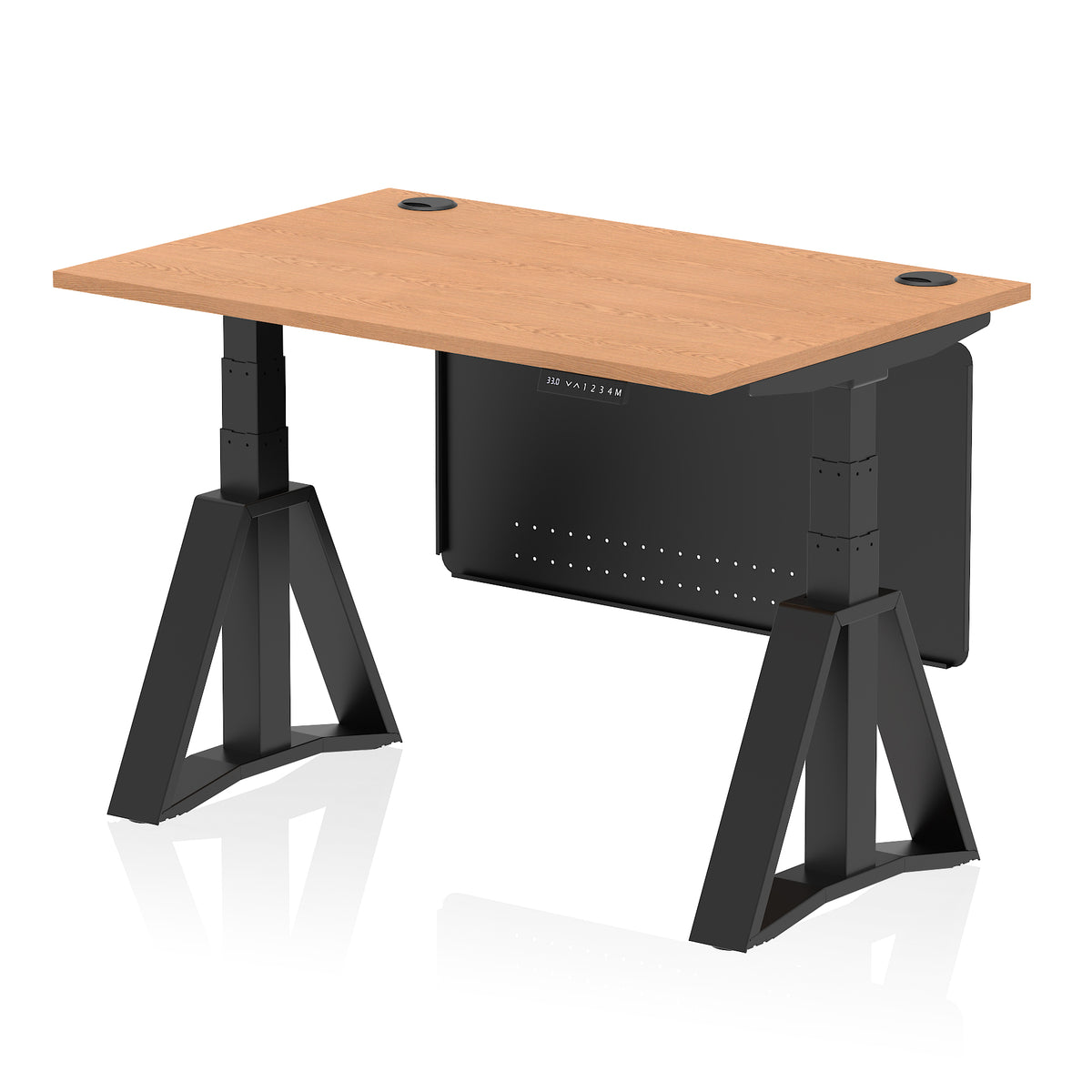 Air Height Adjustable Desk With Cable Ports With Steel Modesty Panel With Piste Foot 1200 Oak Black - Industrious Decor