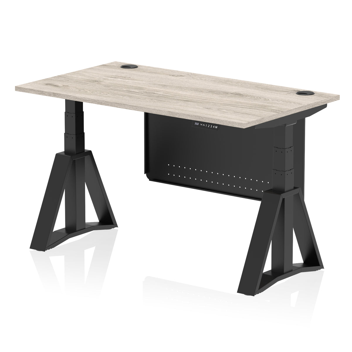 Air Height Adjustable Desk With Cable Ports With Steel Modesty Panel With Piste Foot 1400 Grey Oak Black - Industrious Decor