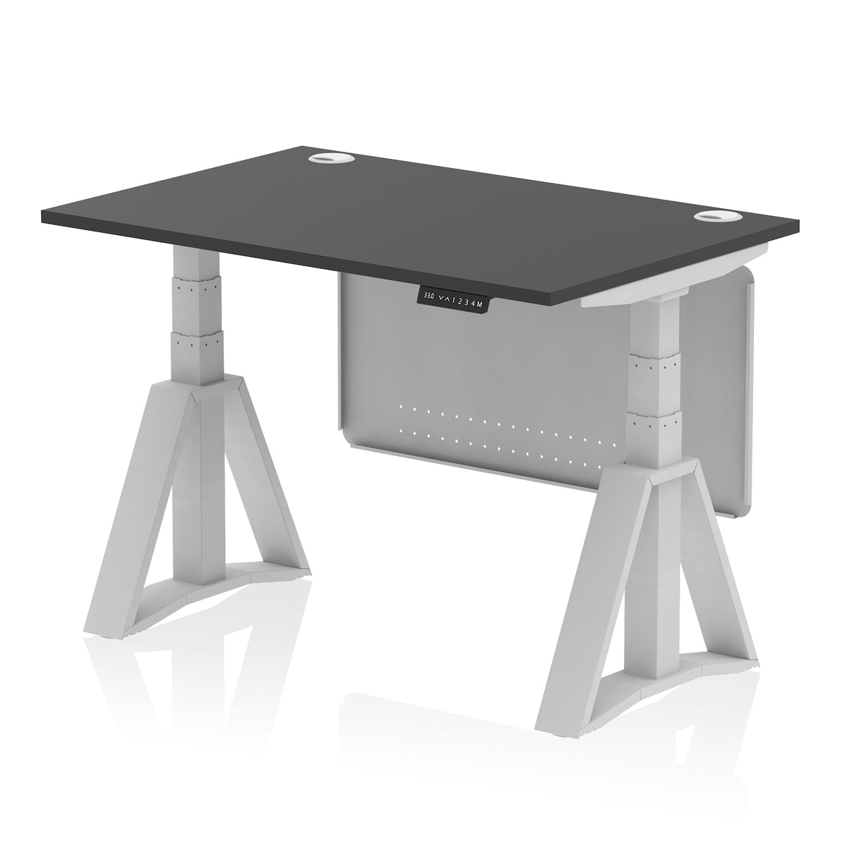 Air Height Adjustable Desk With Cable Ports With Steel Modesty Panel With Piste Foot 1200 Black Silver - Industrious Decor