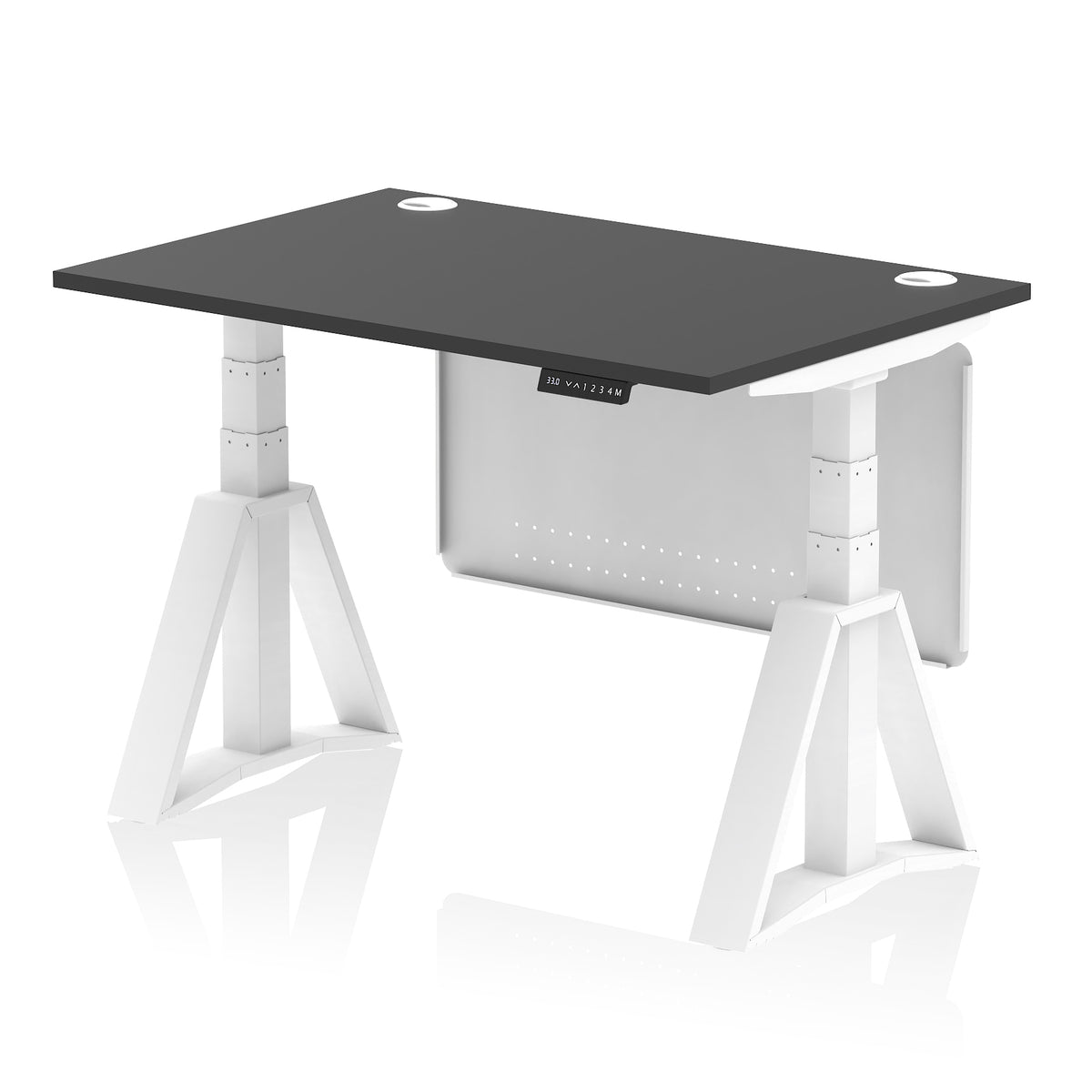 Air Height Adjustable Desk With Cable Ports With Steel Modesty Panel With Piste Foot 1200 Black White - Industrious Decor