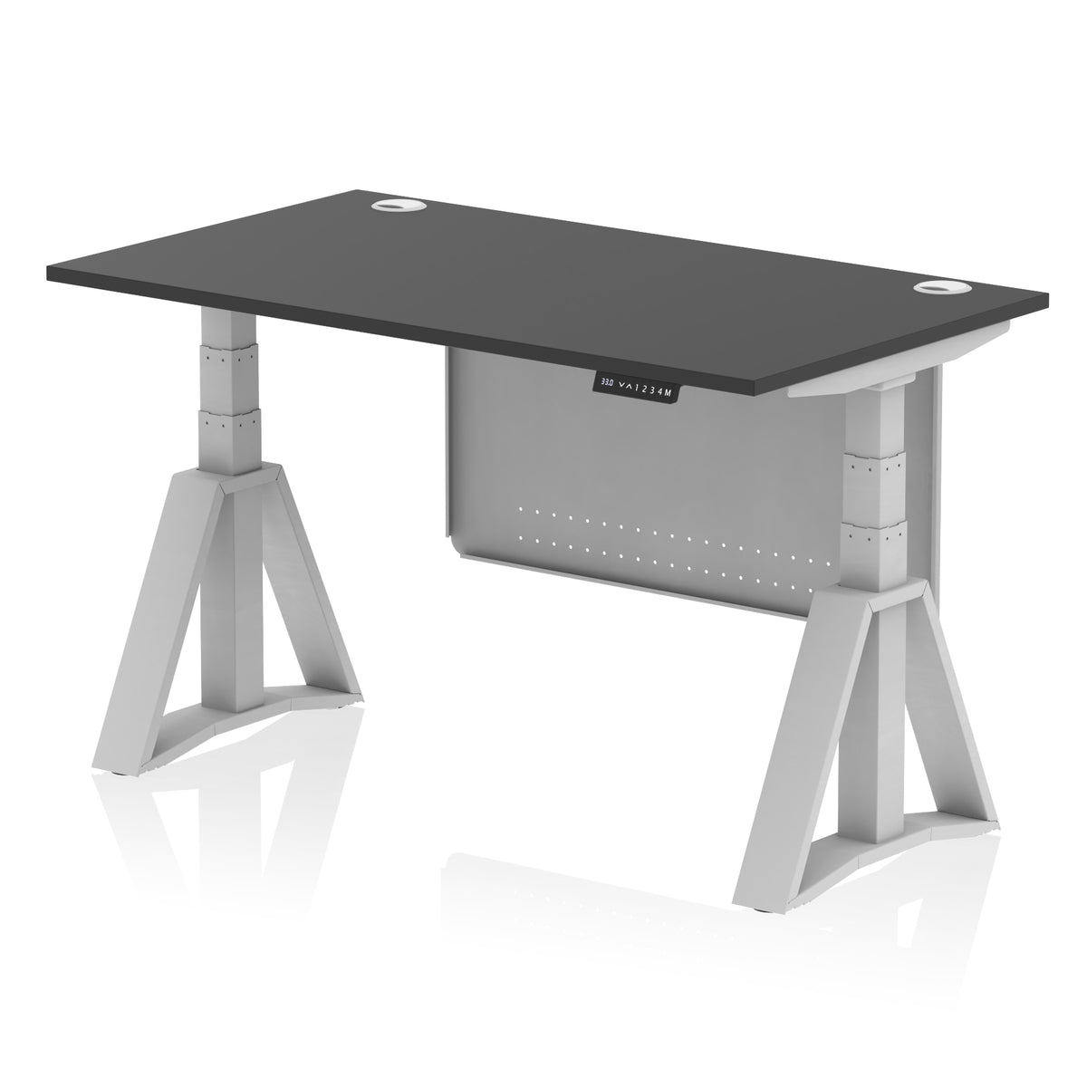 Air Height Adjustable Desk With Cable Ports With Steel Modesty Panel With Piste Foot 1400 Black Silver - Industrious Decor