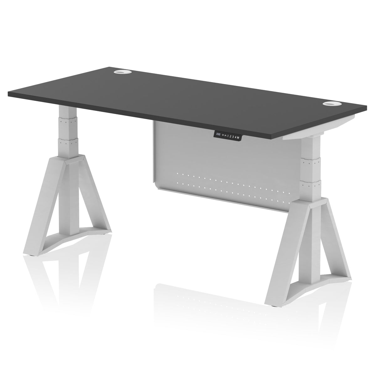 Air Height Adjustable Desk With Cable Ports With Steel Modesty Panel With Piste Foot 1600 Black Silver - Industrious Decor