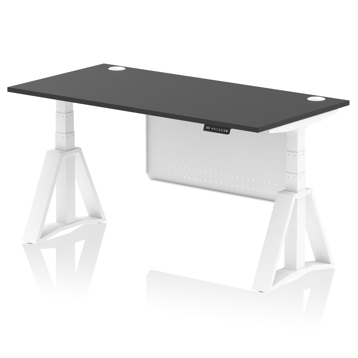 Air Height Adjustable Desk With Cable Ports With Steel Modesty Panel With Piste Foot 1600 Black White - Industrious Decor