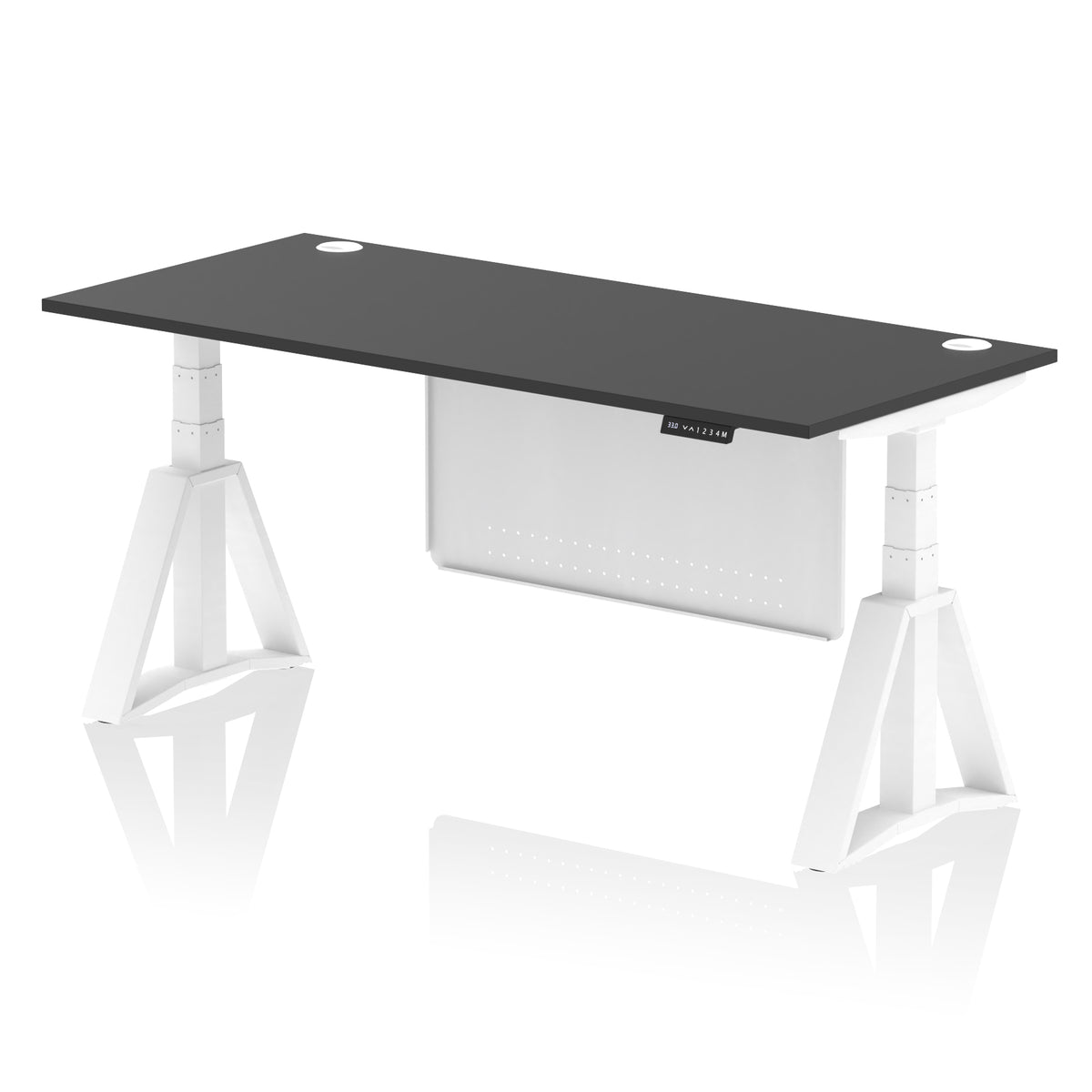 Air Height Adjustable Desk With Cable Ports With Steel Modesty Panel With Piste Foot 1800 Black White - Industrious Decor