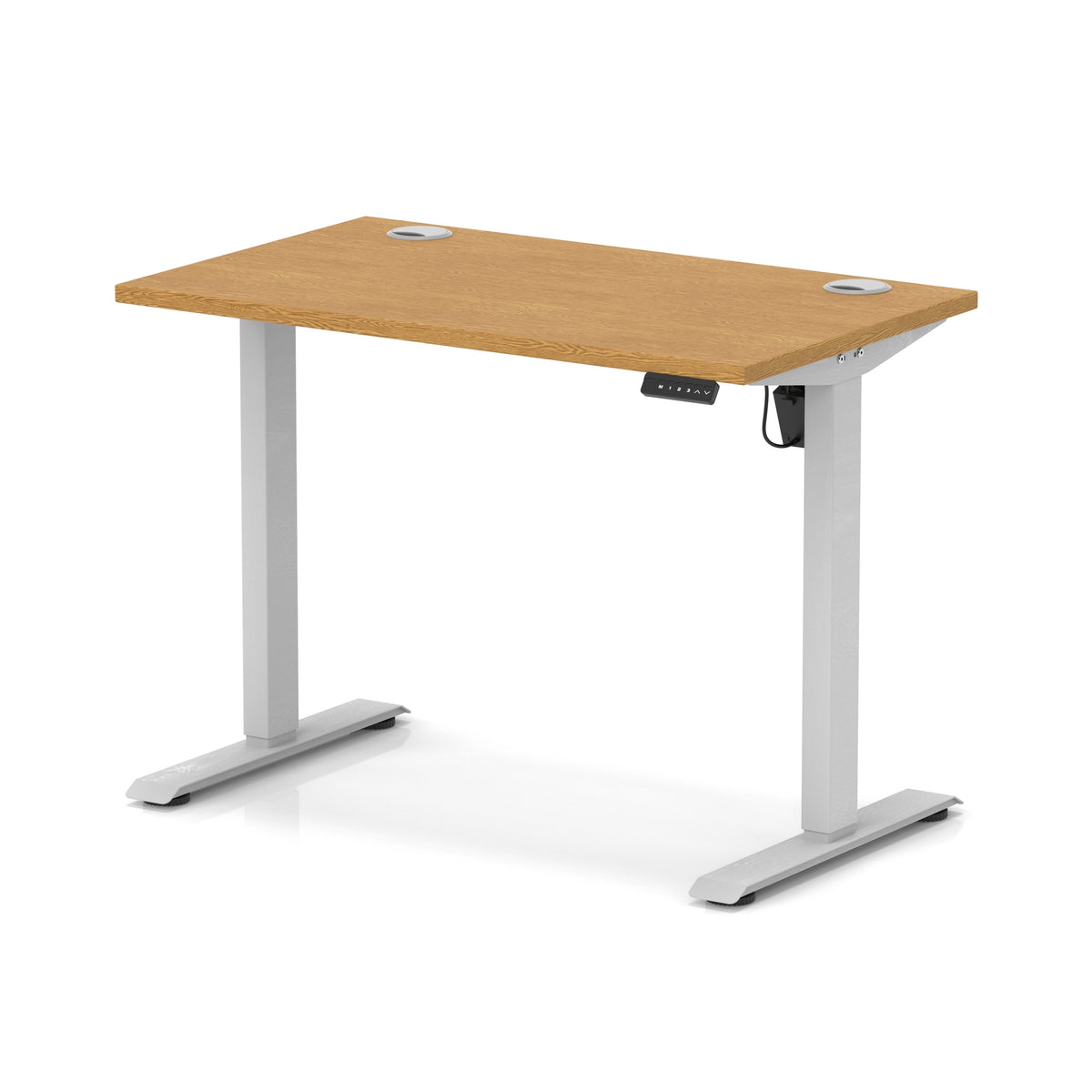 Air Lite Height Adjustable Slimline Desk With Cable Ports 1000mm Oak Silver - Industrious Decor