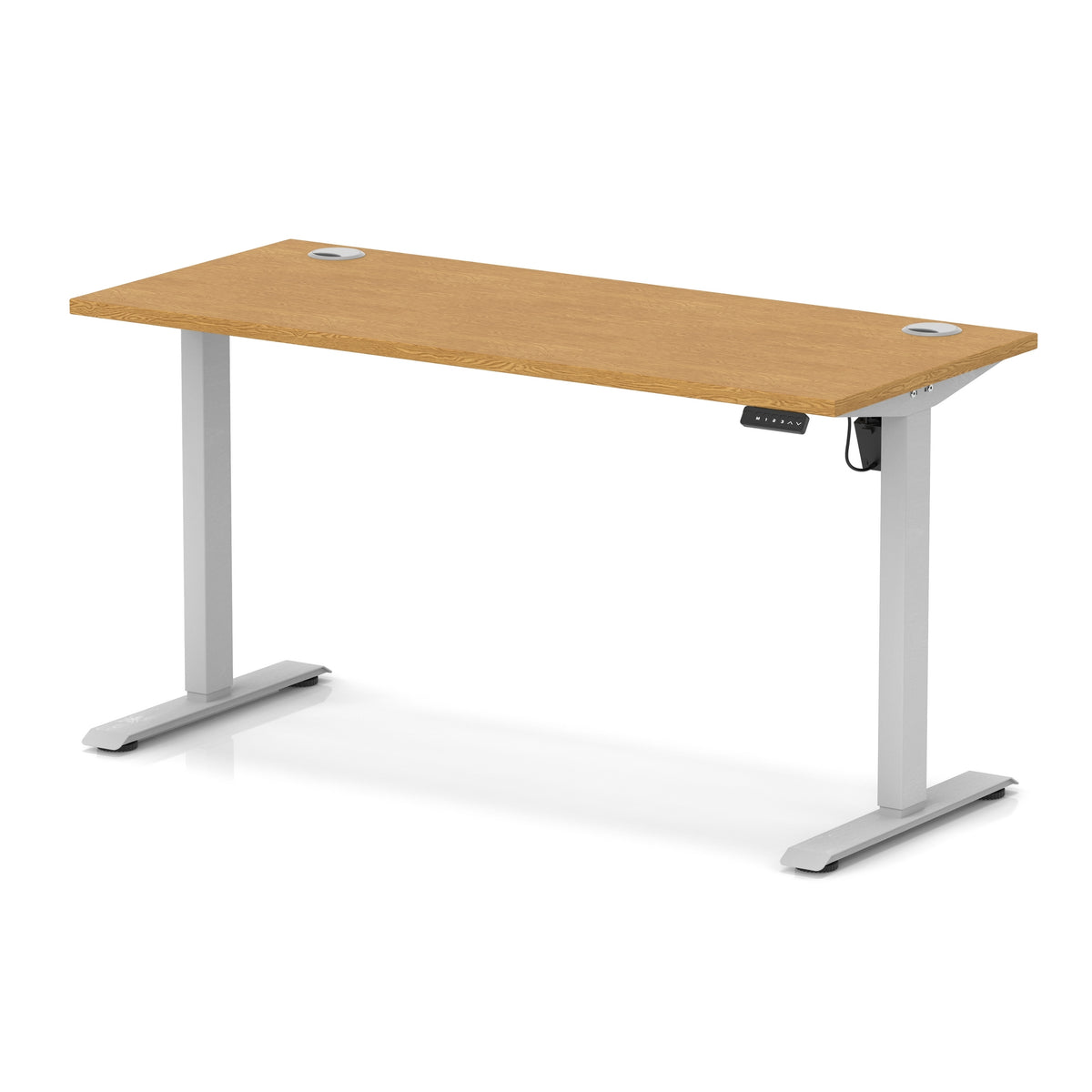 Air Lite Height Adjustable Slimline Desk With Cable Ports 1400mm Oak Silver - Industrious Decor