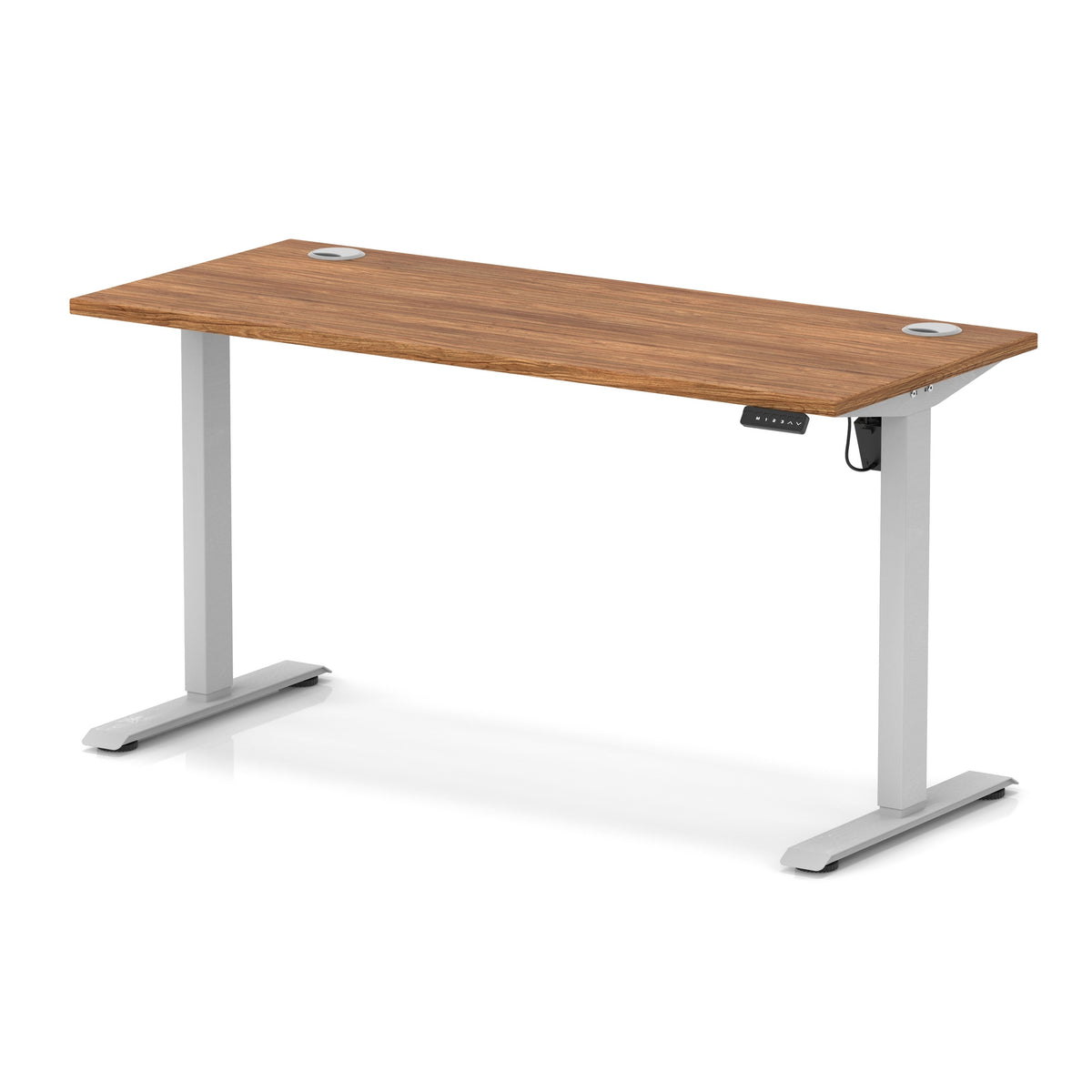 Air Lite Height Adjustable Slimline Desk With Cable Ports 1400mm Walnut Silver - Industrious Decor