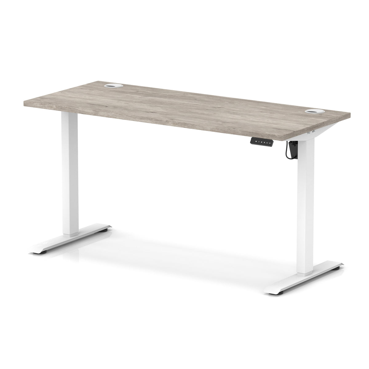 Air Lite Height Adjustable Slimline Desk With Cable Ports 1400mm Grey Oak White - Industrious Decor