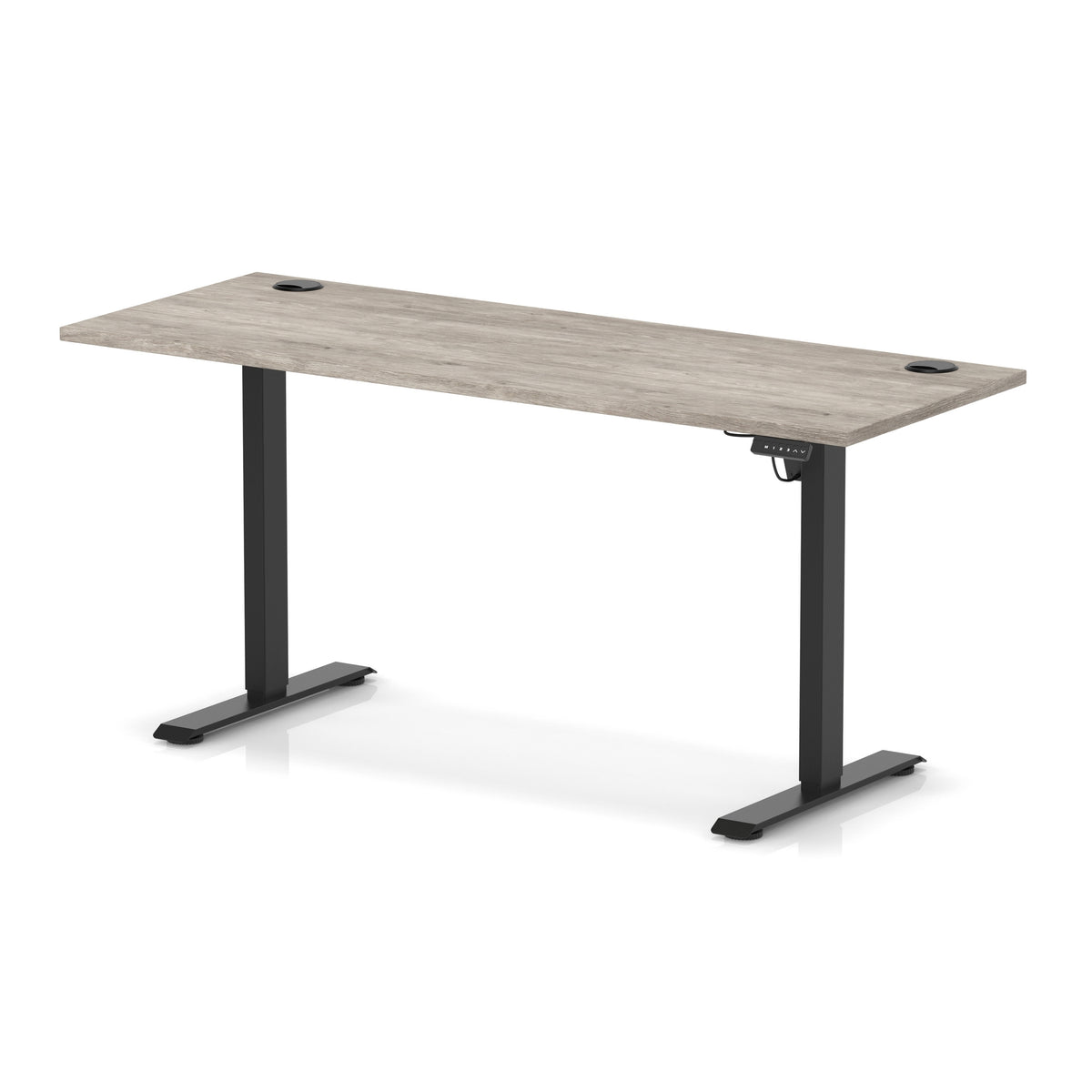 Air Lite Height Adjustable Slimline Desk With Cable Ports 1600mm Grey Oak Black - Industrious Decor