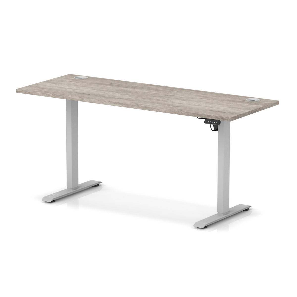 Air Lite Height Adjustable Slimline Desk With Cable Ports 1600mm Grey Oak Silver - Industrious Decor