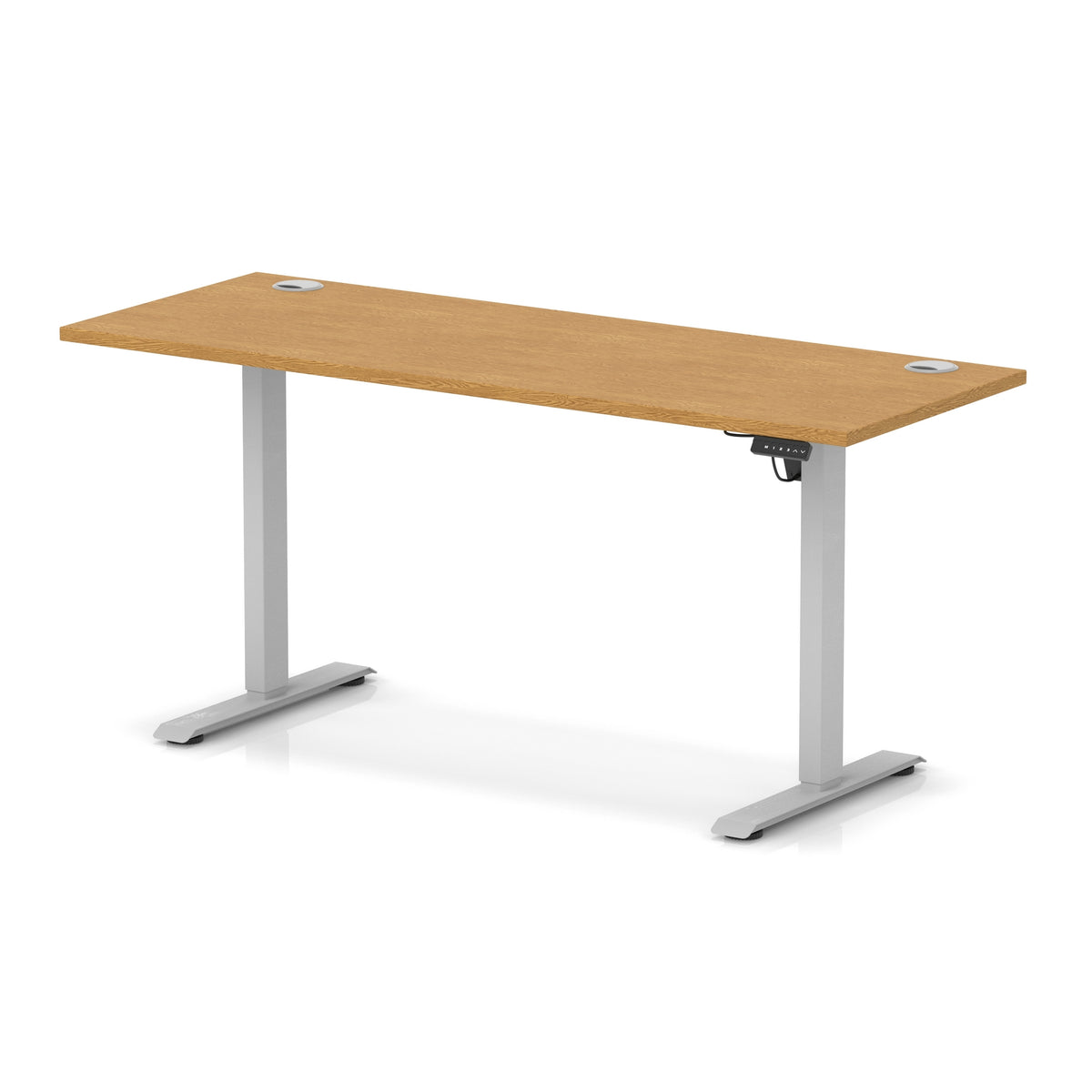 Air Lite Height Adjustable Slimline Desk With Cable Ports 1600mm Oak Silver - Industrious Decor