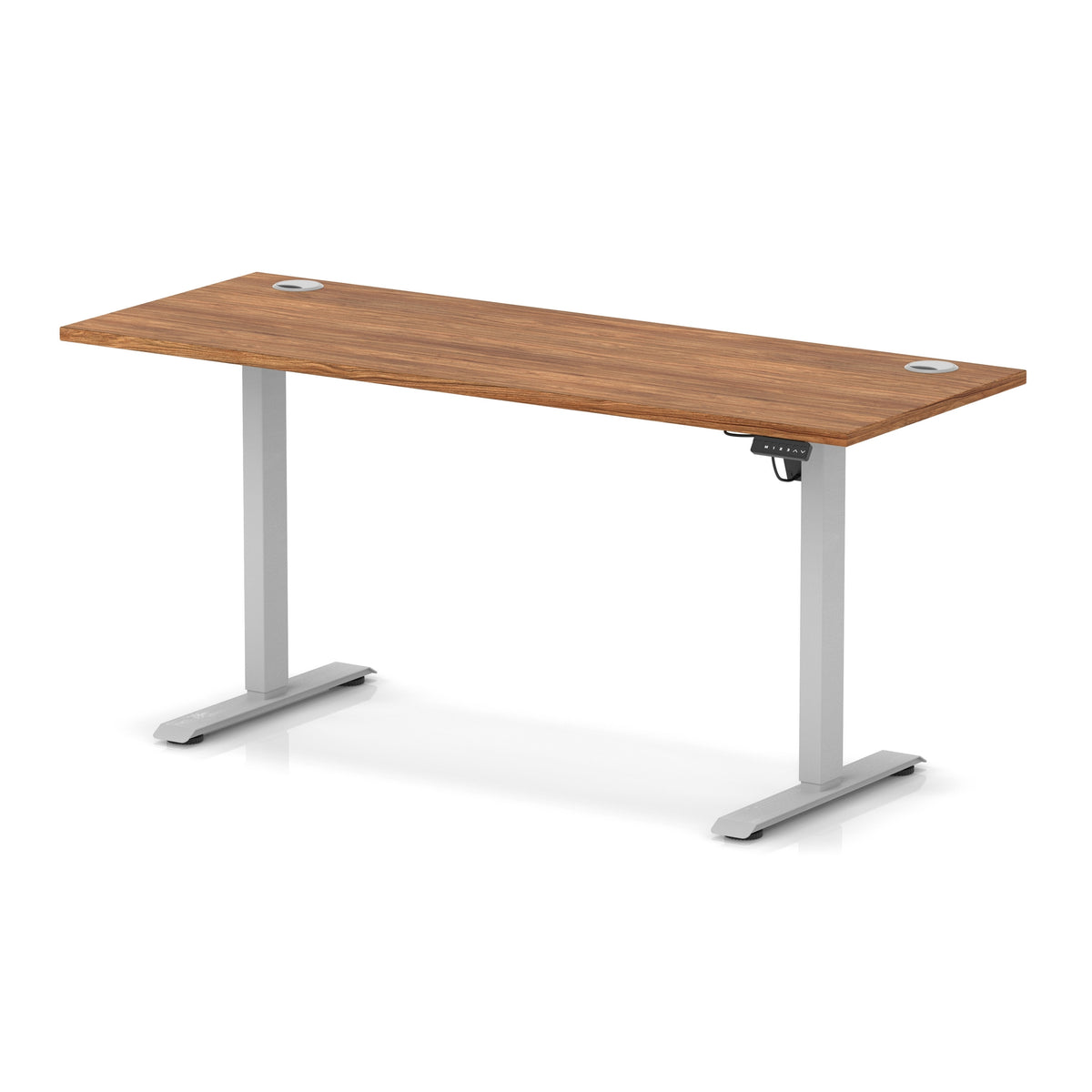 Air Lite Height Adjustable Slimline Desk With Cable Ports 1600mm Walnut Silver - Industrious Decor