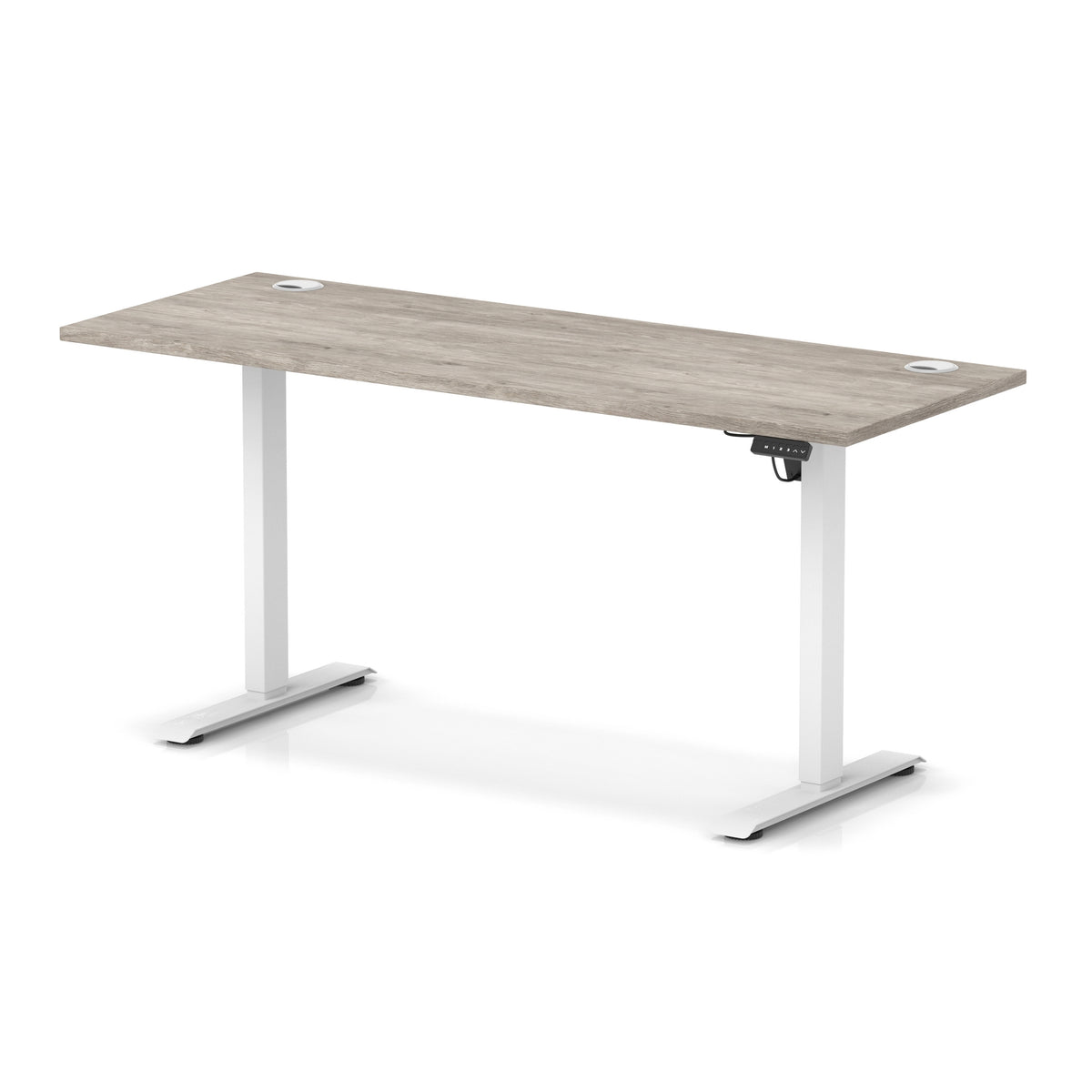 Air Lite Height Adjustable Slimline Desk With Cable Ports 1600mm Grey Oak White - Industrious Decor